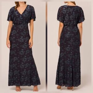 Adrianna Papell Floral Burnout Velvet Long Blouson Gown In Midnight sz 6 Boho